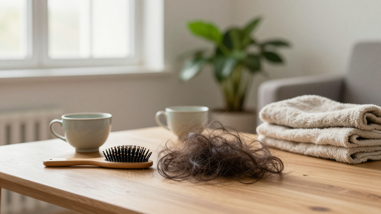 Two tea cups, wooden hairbrush, folded blanket, and houseplant on a living-room table