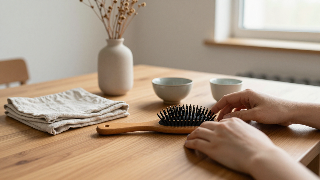 Wooden hairbrush, folded linen, ceramic bowl, tea cup, and dried stems on a home table