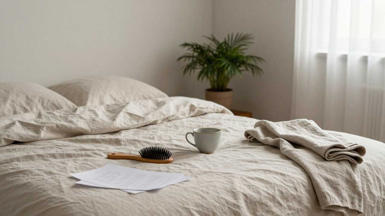 Quiet bedroom corner with linen bed, wooden hairbrush, tea cup, folded throw, and plant