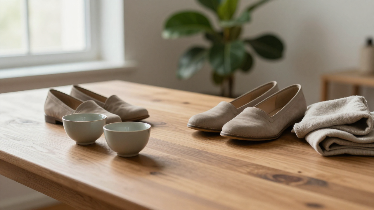 Plain shoes beside two tea cups, folded throw, and a leafy plant on a home table
