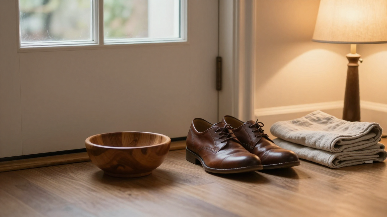 Plain leather shoes beside a key bowl, folded linen, and warm lamp at a home doorway