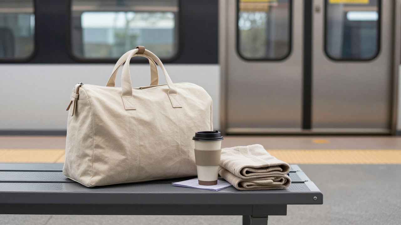 Plain canvas weekender bag, folded scarf, ceramic cup, and quiet platform bench near a train car