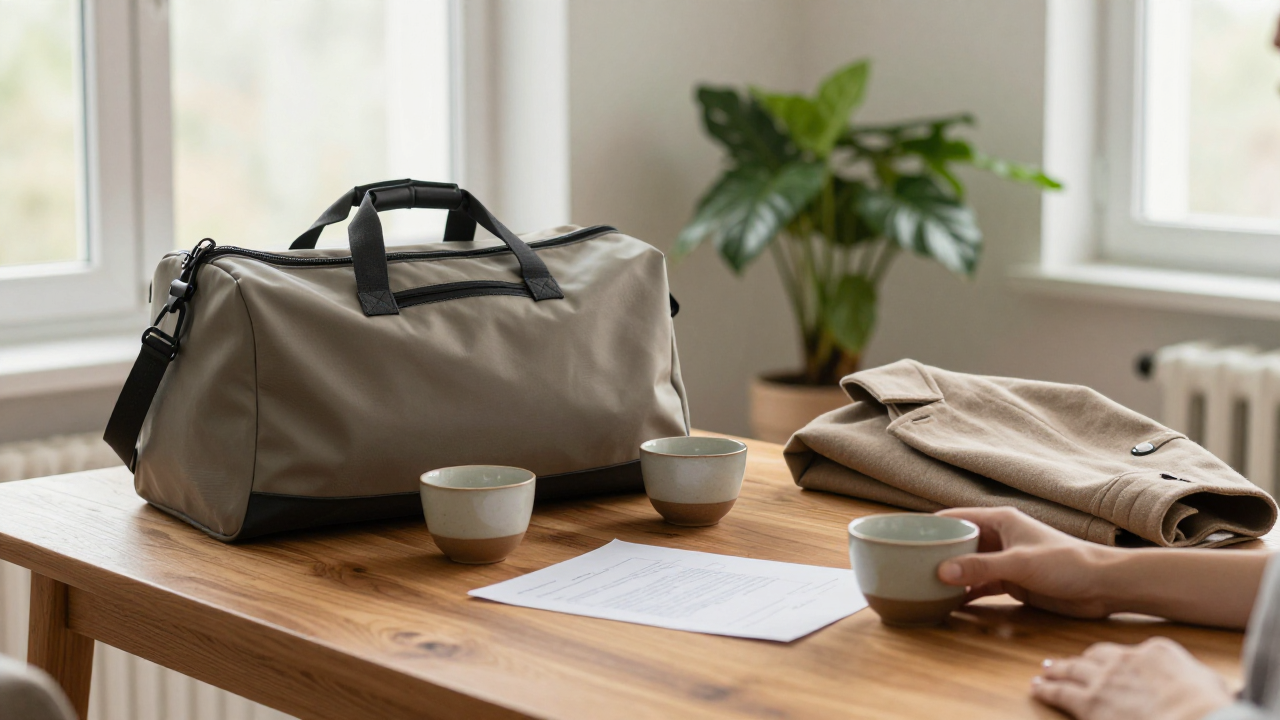 Plain travel bag beside two ceramic cups, folded coat, and a houseplant on a wooden table