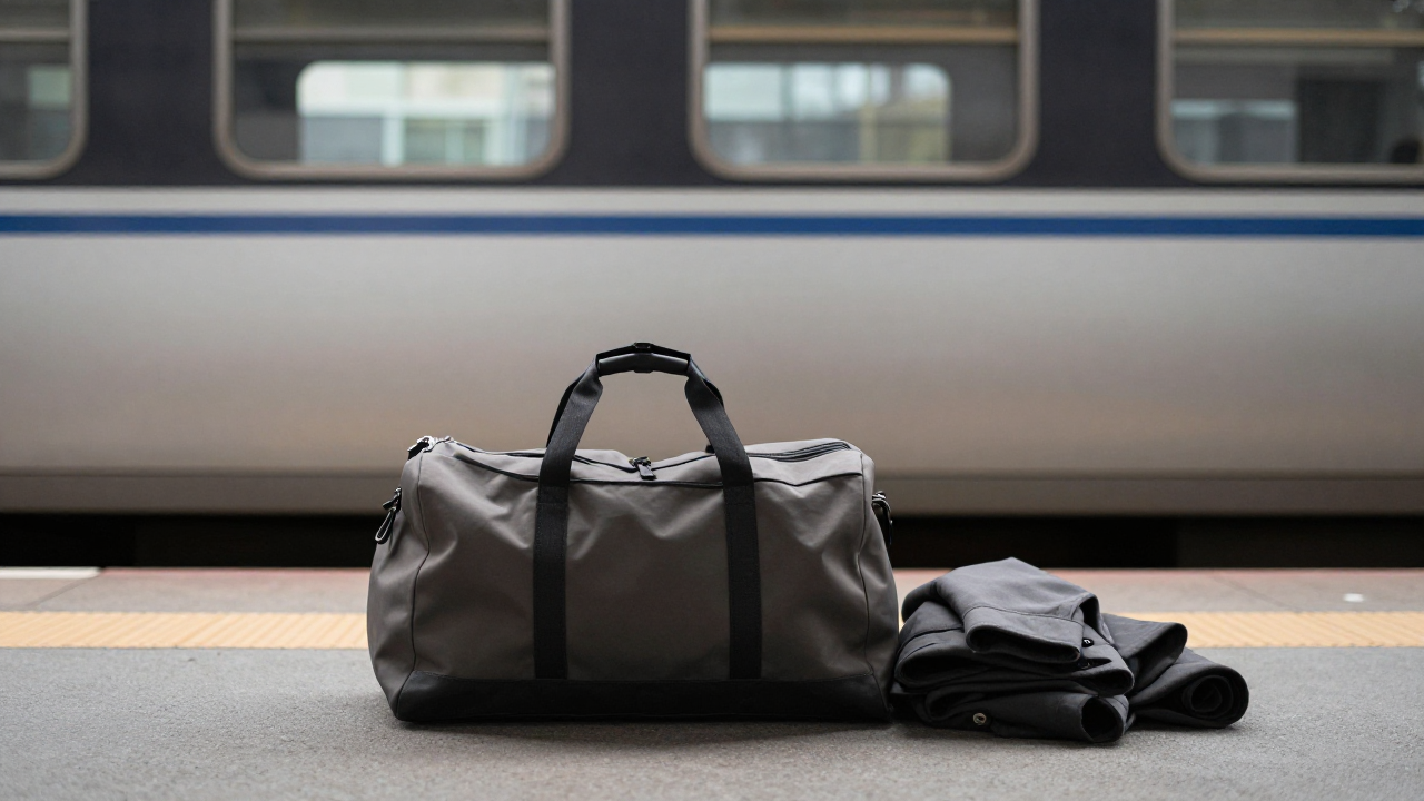 Quiet platform edge with plain travel bag and silver train car in soft background