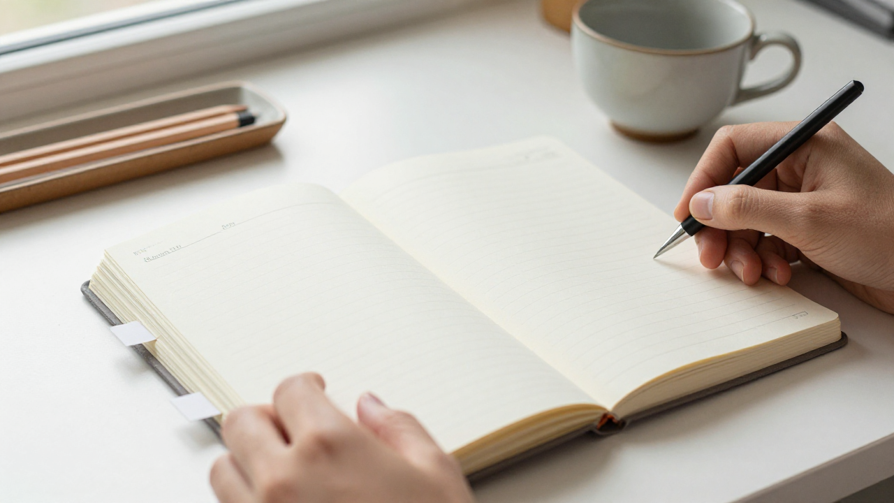 Closed cloth journal with small tabs beside a tea cup and pencil tray