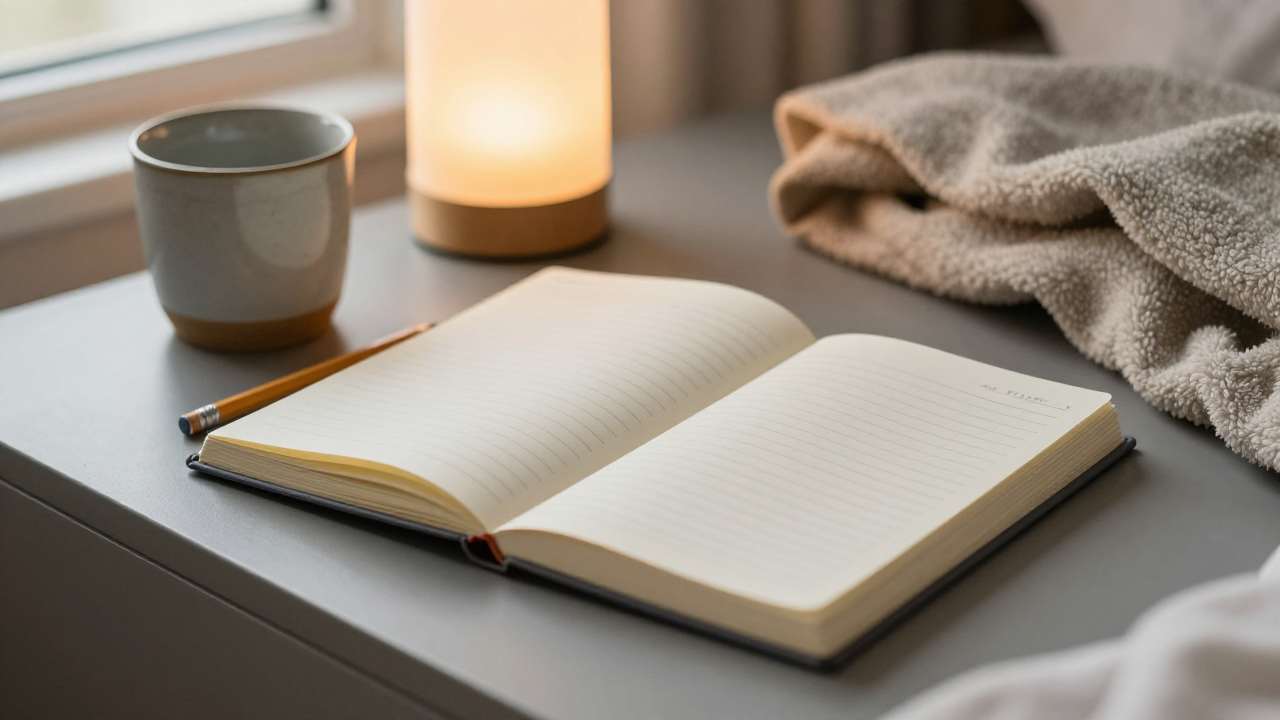 Open blank journal beside a pencil, ceramic cup, and bedside lamp