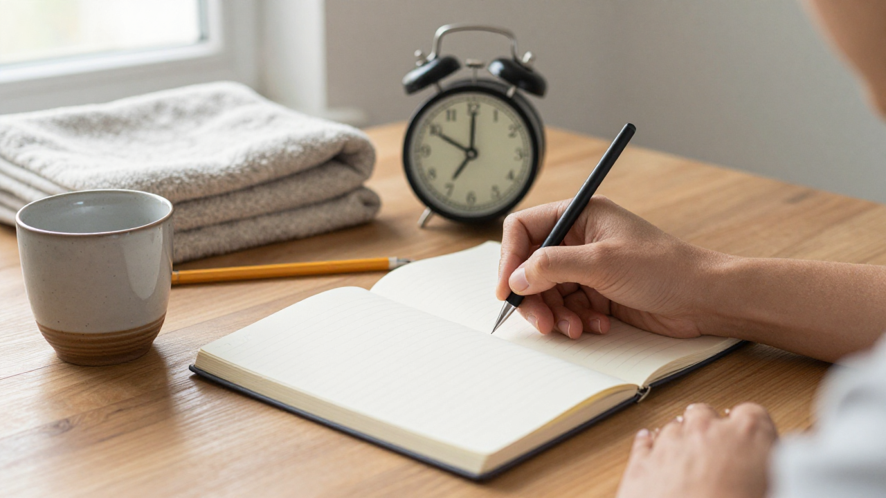 Adult hand writing on a blank journal page beside an alarm clock and tea cup