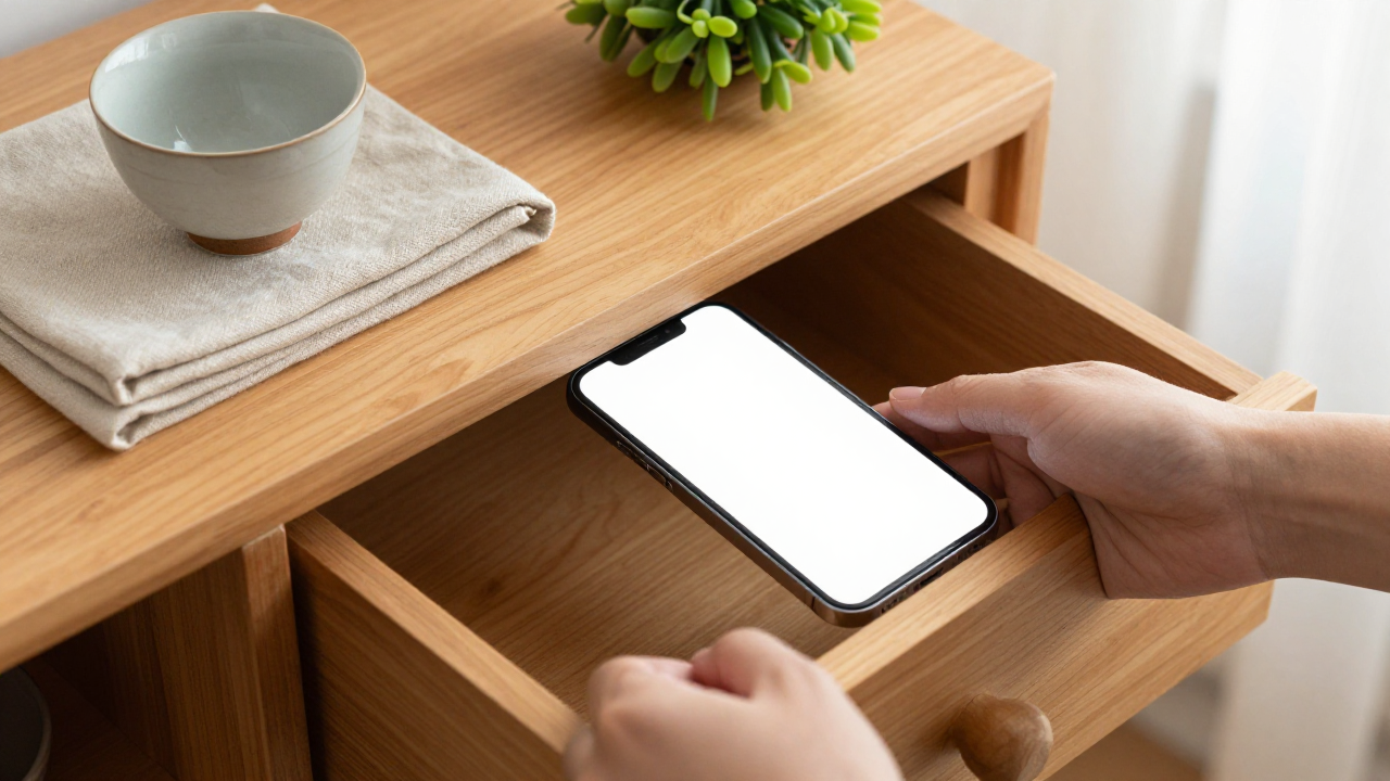 Hand placing a blank-screen phone into a wooden drawer beside a plant