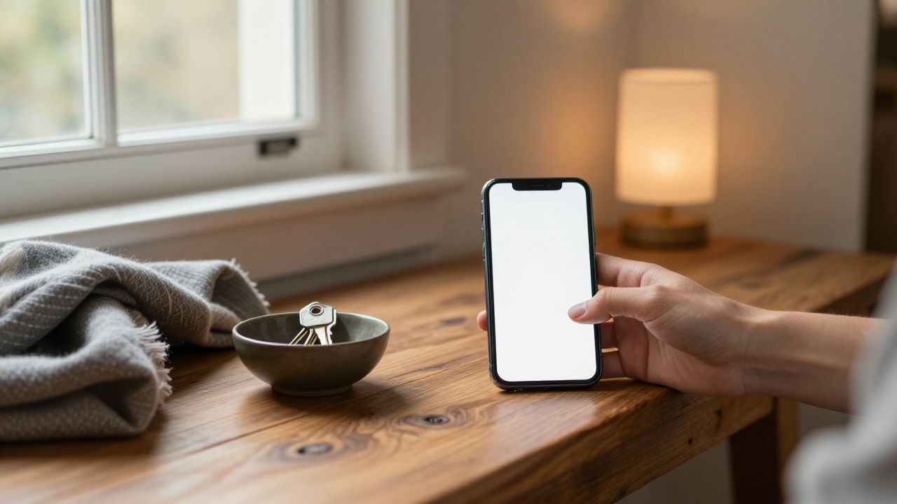 Blank-screen smartphone beside a key bowl and folded scarf at a quiet entryway
