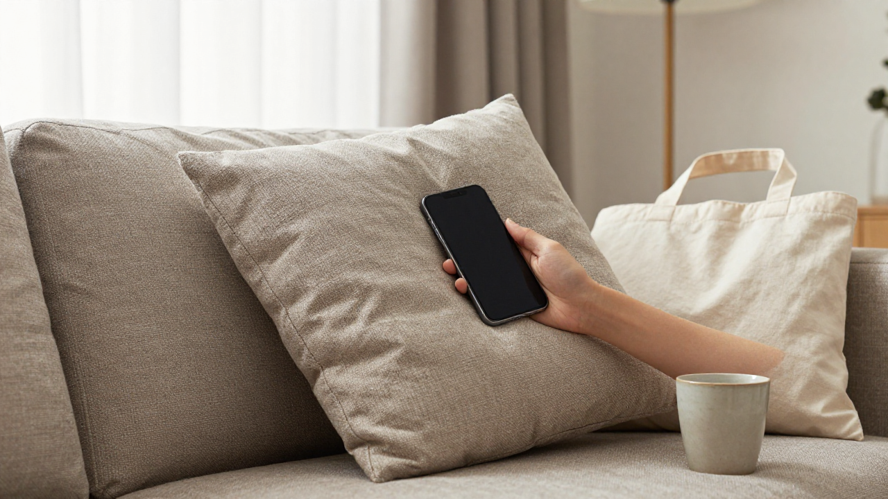 Hand searching sofa cushions for a blank-screen phone beside a tote bag