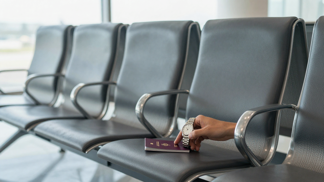 dream about missing a flight scene with empty airport chair, wristwatch without numerals, passport cover