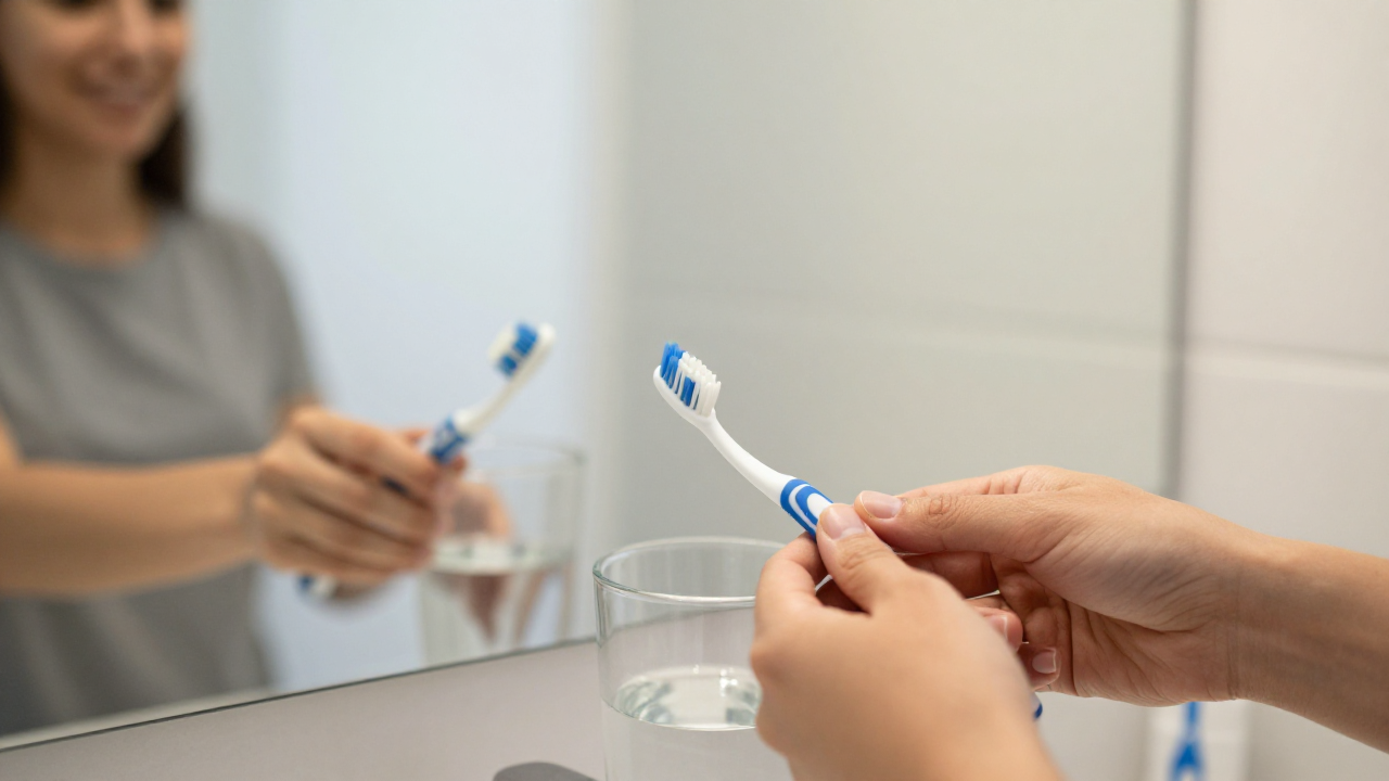 dream about losing teeth scene with bathroom mirror, water glass, closed toothbrush holder