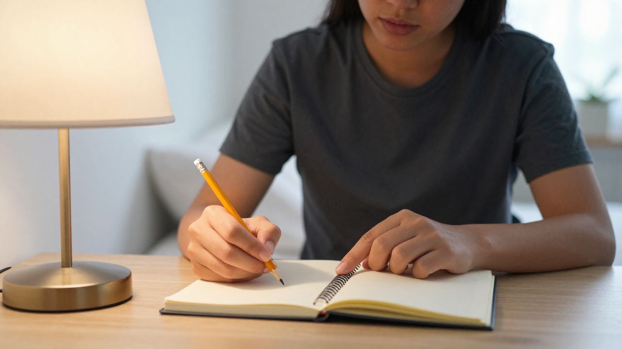 dream about losing teeth scene with bedside lamp, blank dream journal, pencil