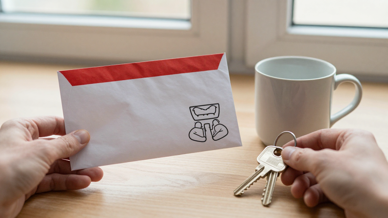 dream about losing teeth scene with sealed dental reminder envelope, house keys, ceramic cup