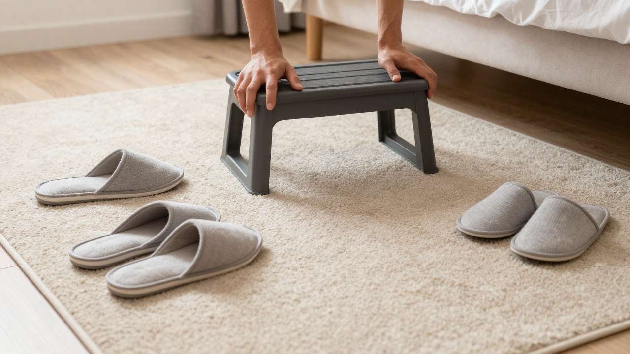 dream about falling scene with bedside rug, low step stool, soft slippers