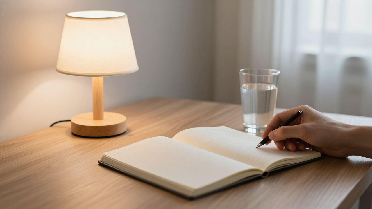 dream about falling scene with bedside lamp, blank journal, water glass