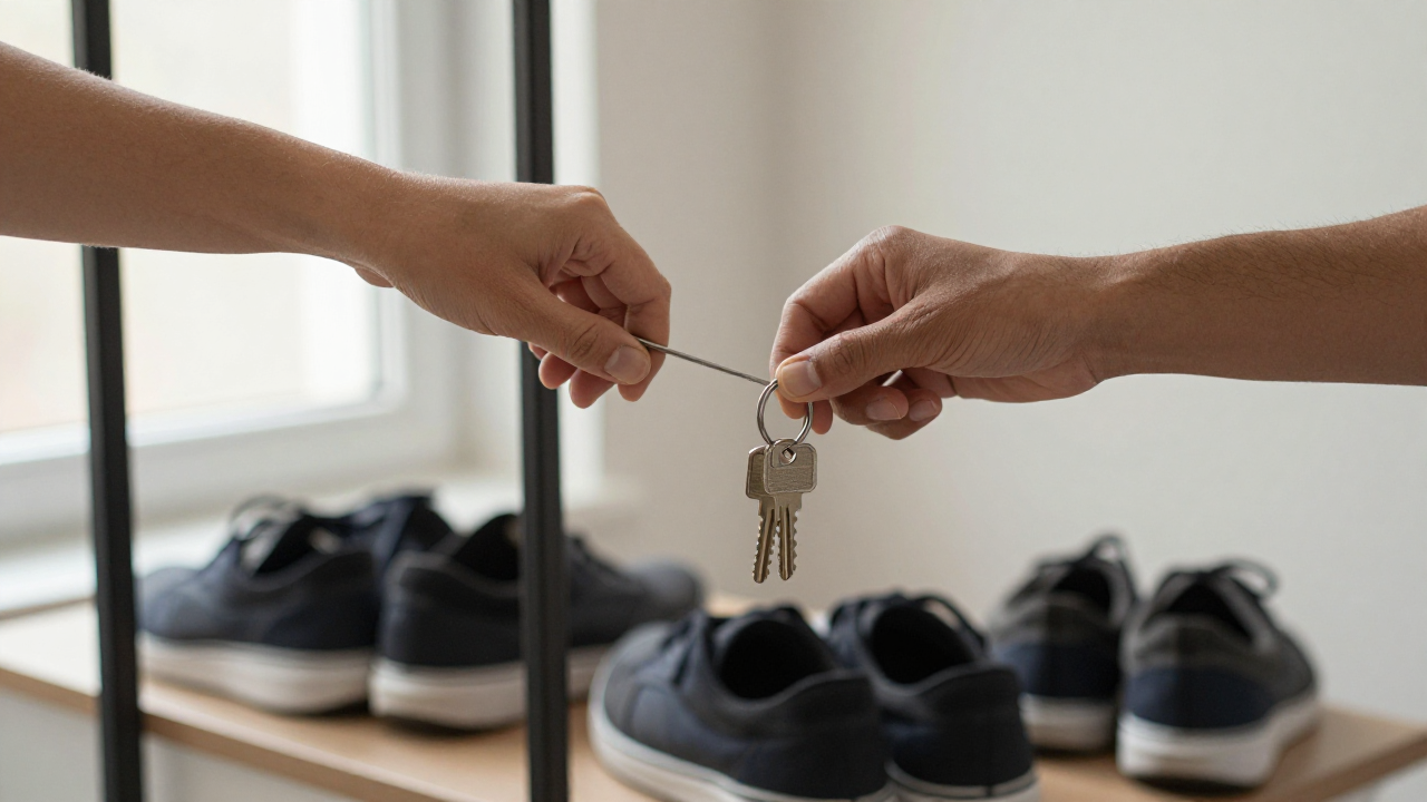 dream about falling scene with stair handrail, house keys, closed shoes