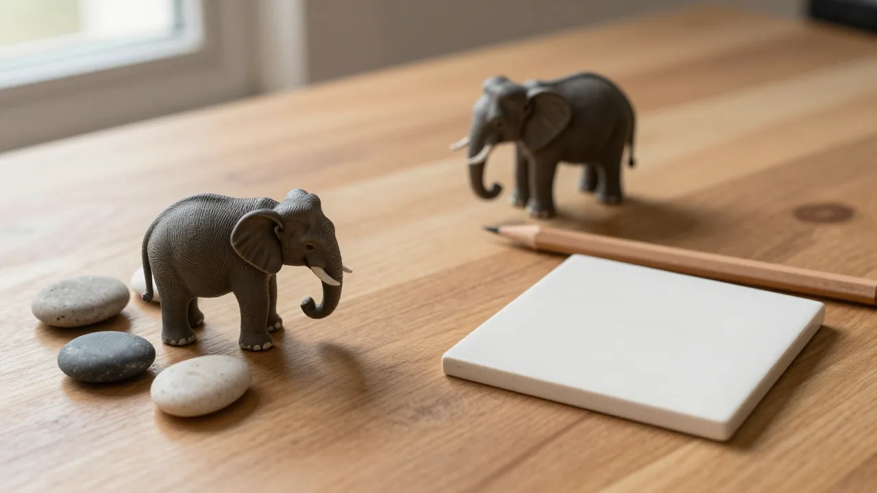 Two unmarked elephant figures on a desk with stones, pencil, ceramic tile, and soft shadow