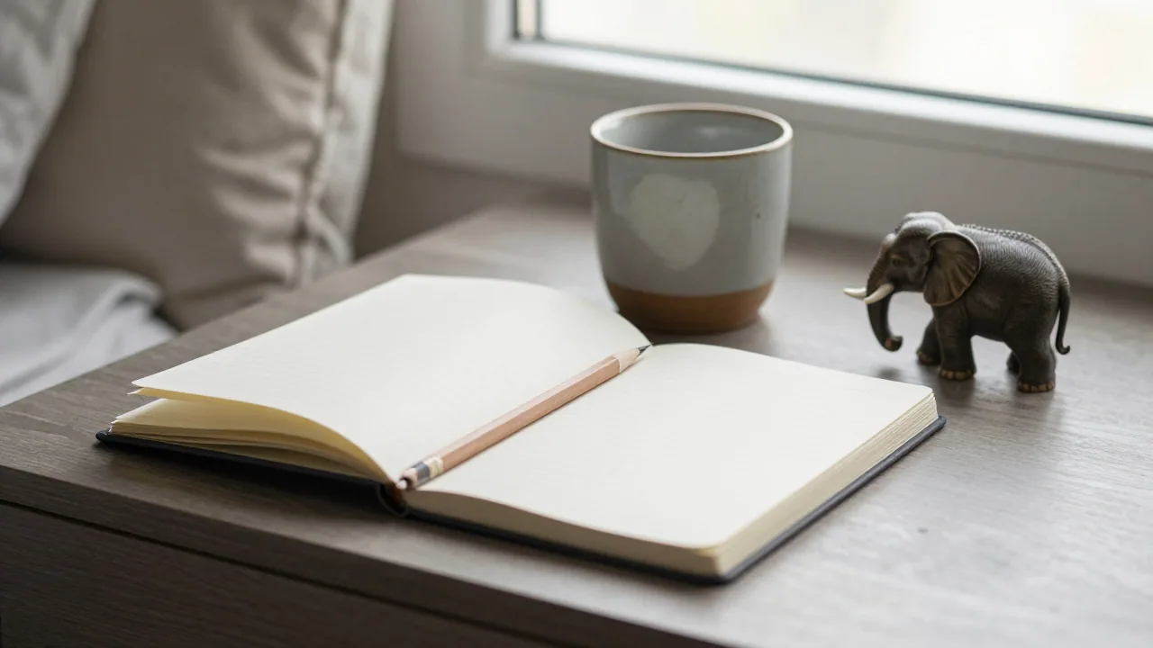 Blank notebook, pencil, cup, folded blanket, and small elephant figurine in morning light