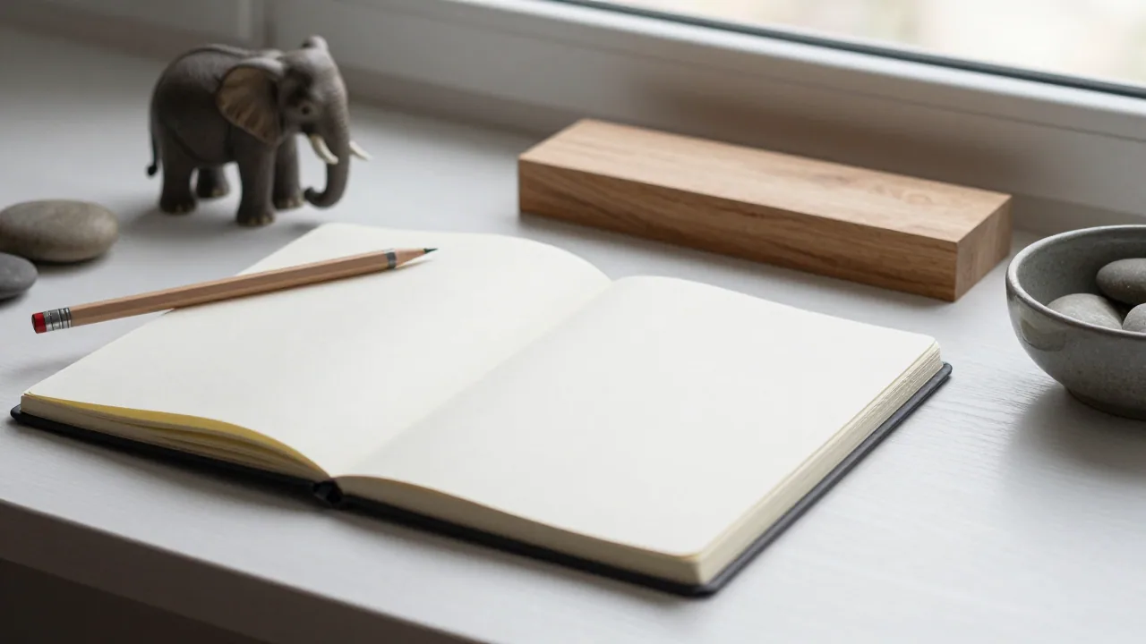 Closed blank journal, pencil, elephant figurine, threshold model, stones, and ceramic bowl