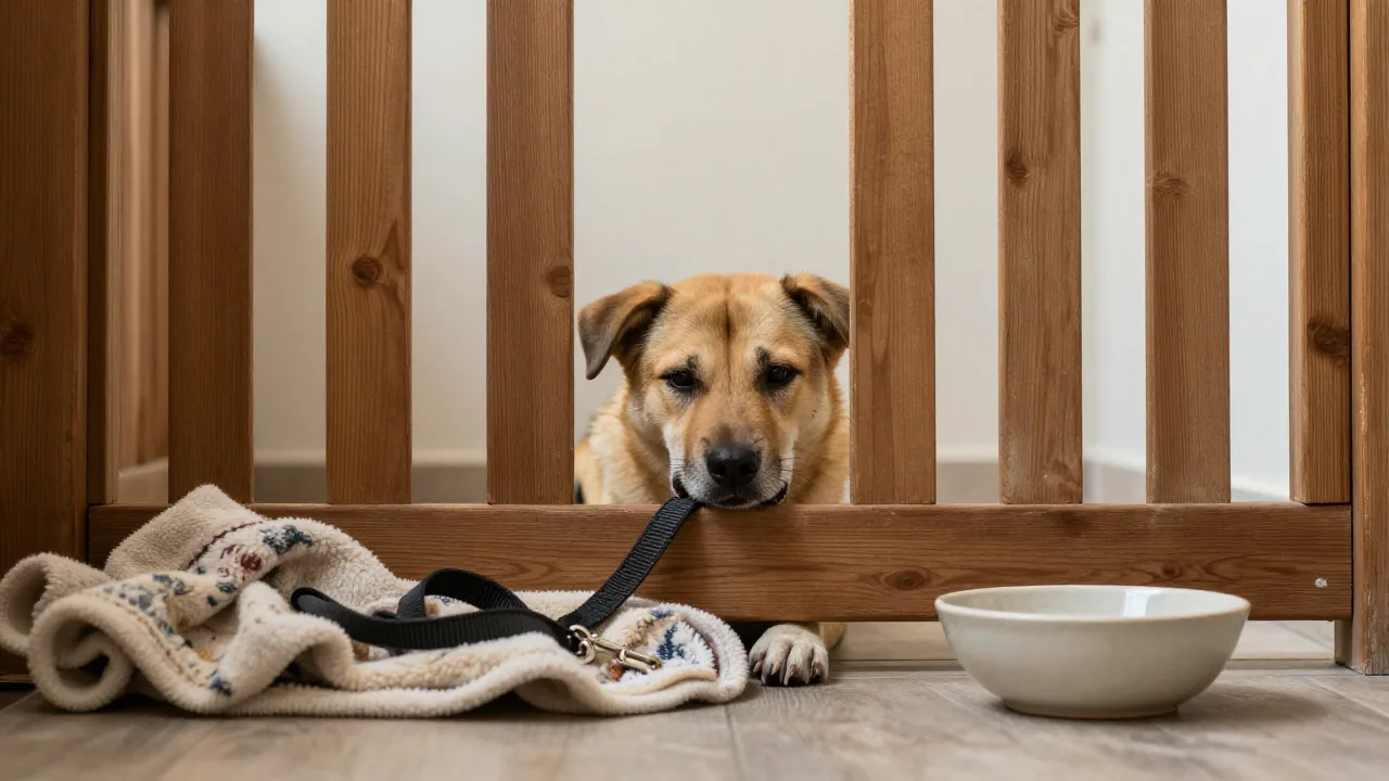 Calm dog behind a low wooden gate with leash and bowl nearby