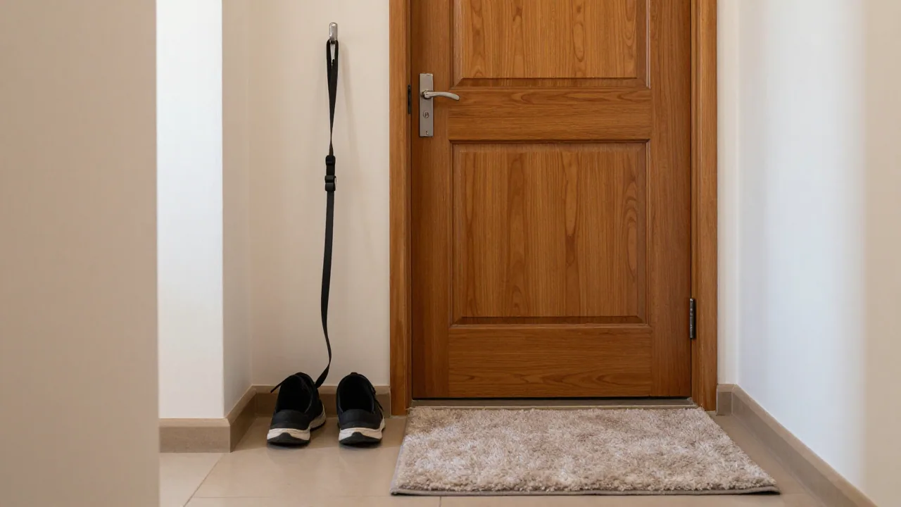 Empty hallway with dog leash, shoes, rug, and closed door