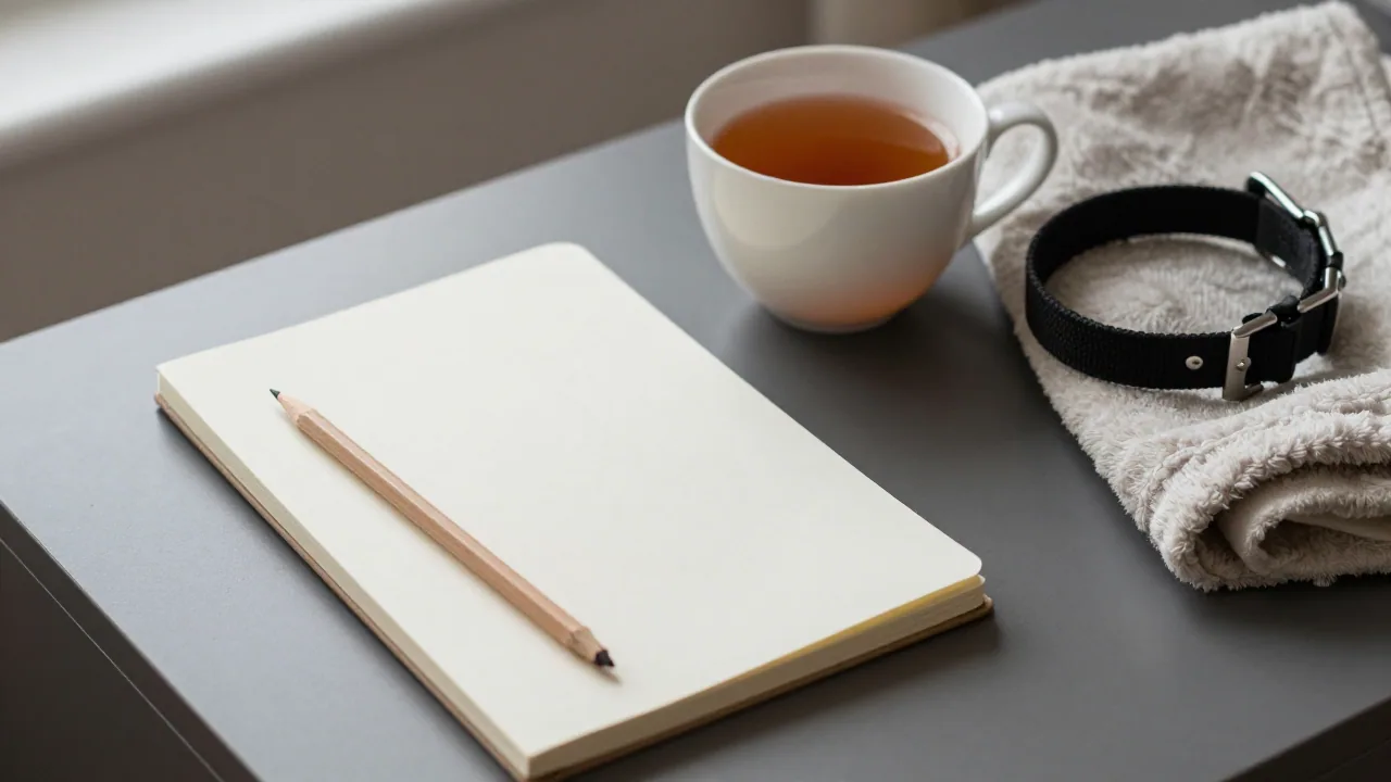 Closed notebook, pencil, tea cup, blanket, and dog collar on bedside table
