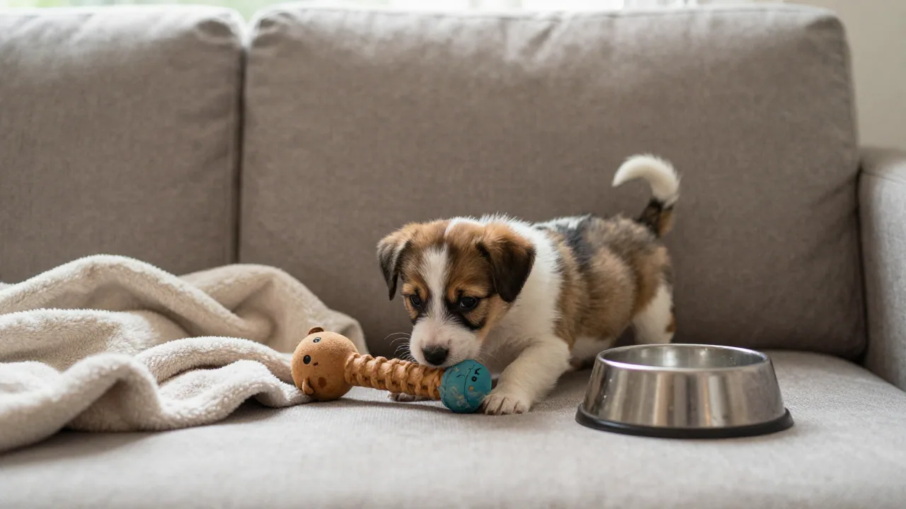 Puppy beside blanket, chew toy, and water bowl
