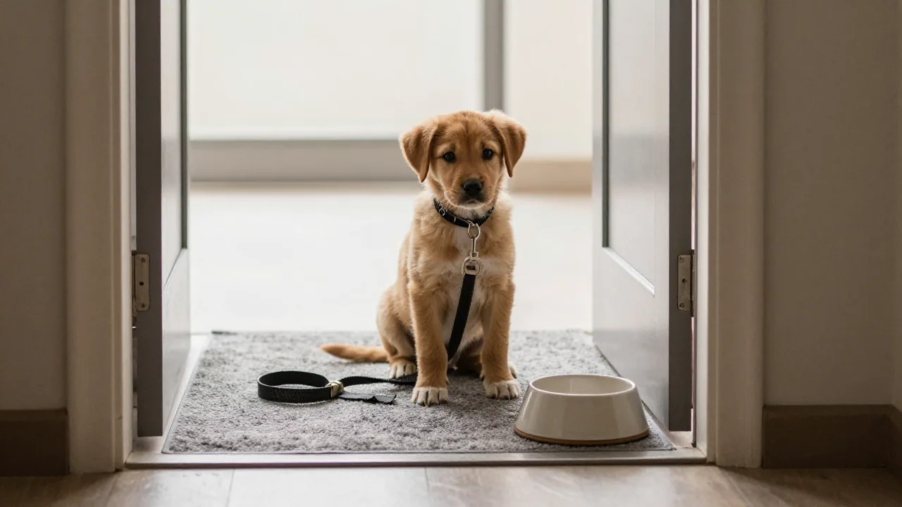 Puppy near open doorway with rug, leash, and bowl