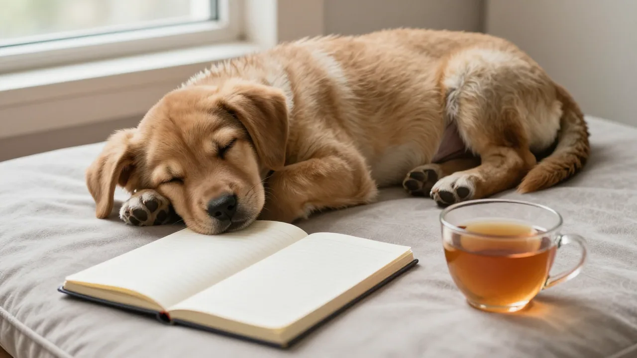 Sleeping puppy beside a closed journal and tea cup