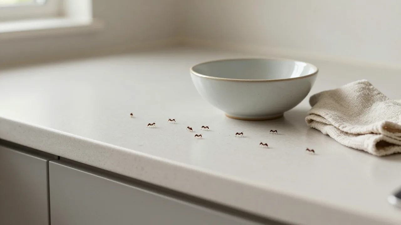 Small ants near a bowl on a clean kitchen counter