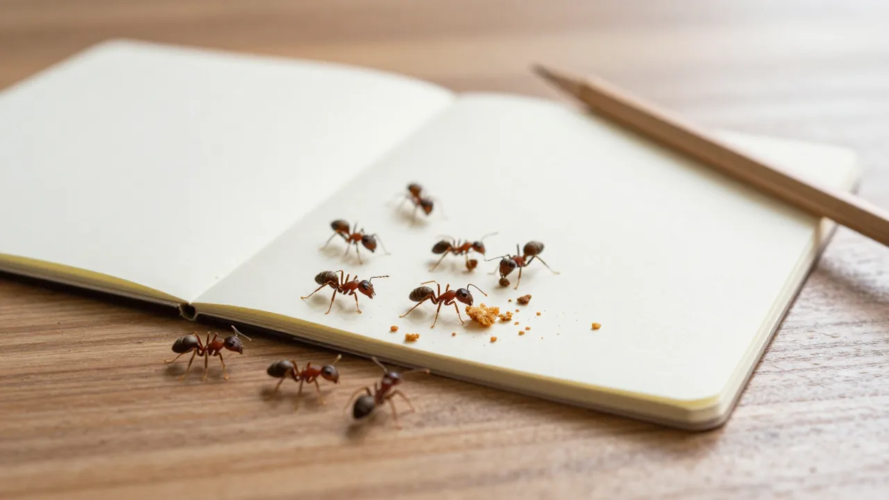 Ants carrying crumbs across a wooden tabletop beside a blank notebook