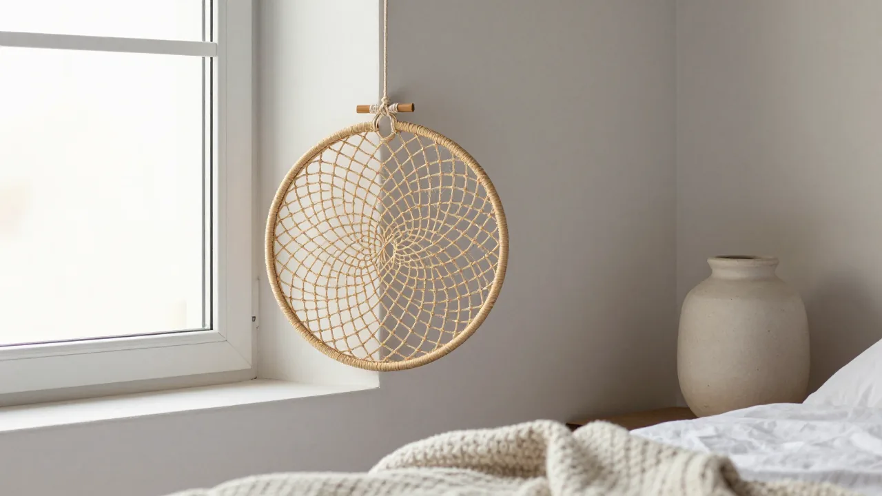 Dream catcher near a bedroom window for separating object meaning from dream meaning