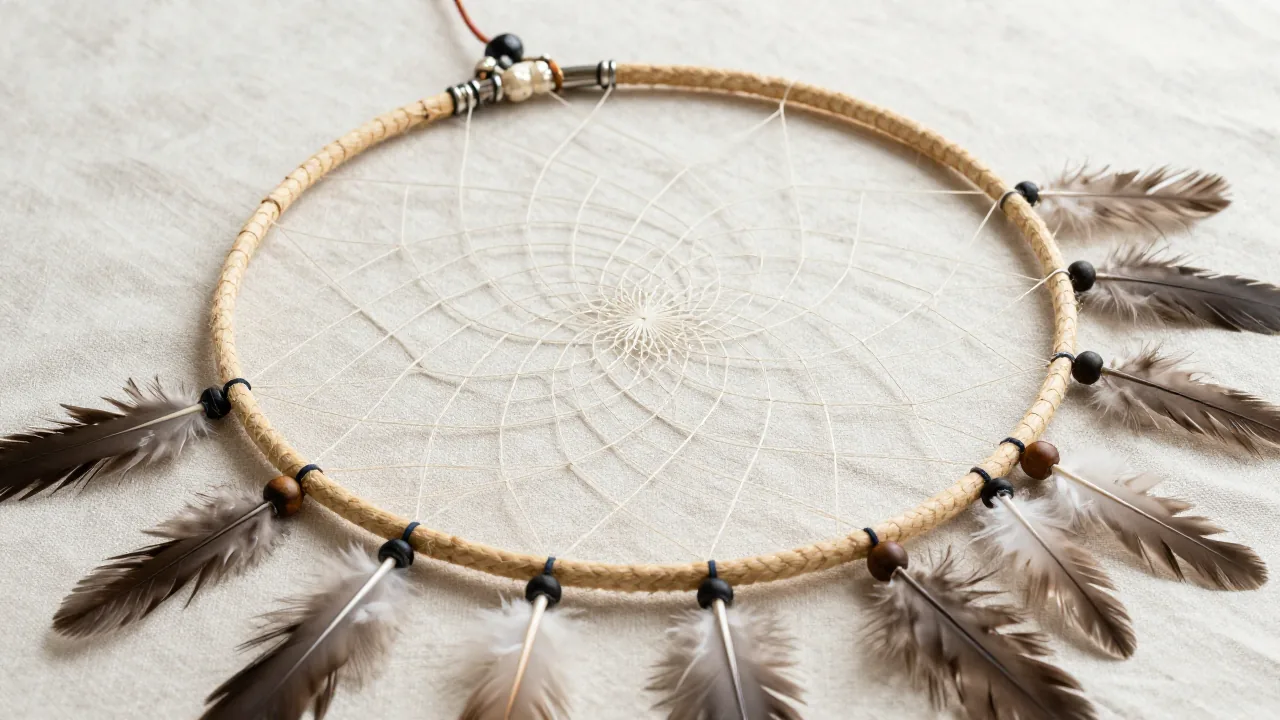 Hoop, web, feathers, and beads showing common dream catcher parts