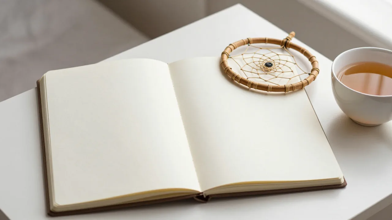 Blank journal, pencil, dream catcher, and tea cup for recording dream context