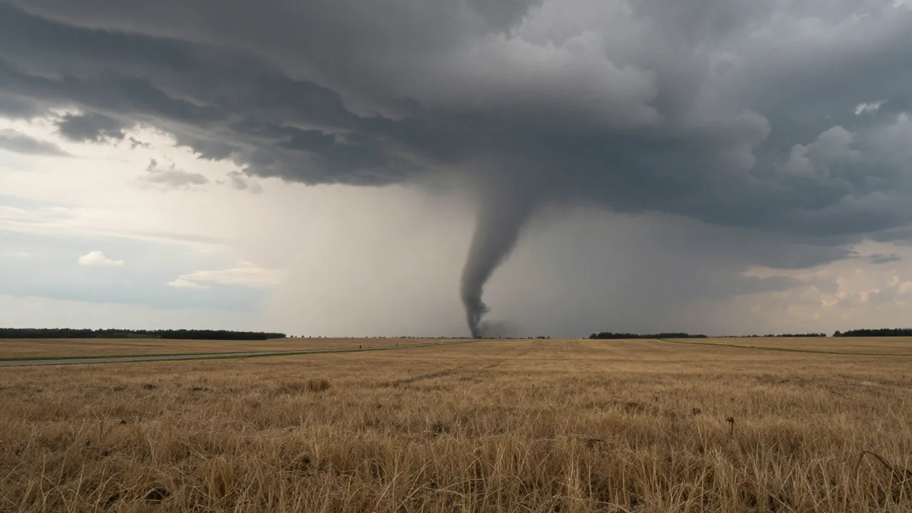 Distant tornado across an open field for recording dream distance