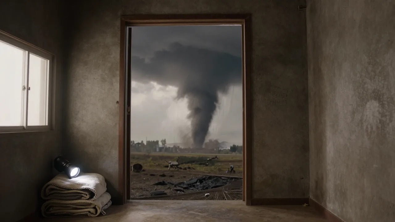 Storm shelter doorway and distant funnel for comparing dream responses