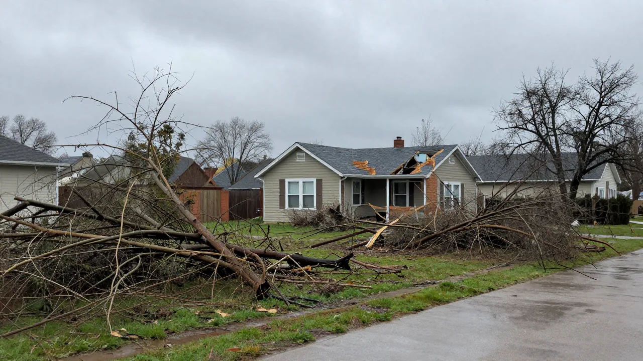 Post-storm yard and intact house for separating damage from anticipated danger
